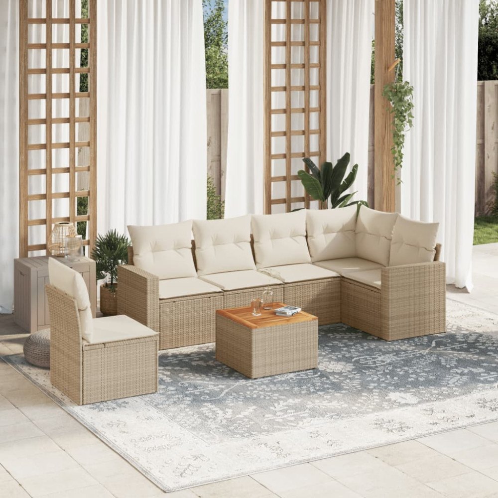 vidaXL Matgrupp för trädgården med dynor 7 delar beige konstrotting