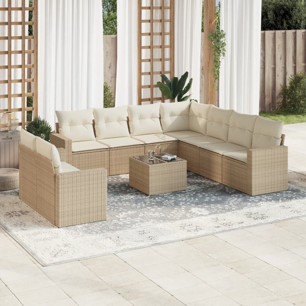 vidaXL Soffgrupp för trädgård med dynor 10 delar beige konstrotting