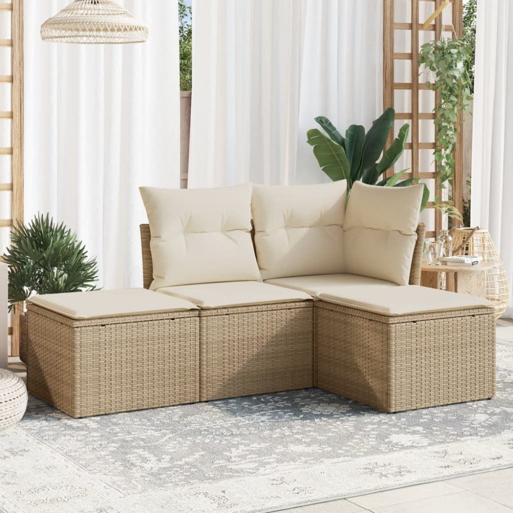 vidaXL Soffgrupp för trädgård med dynor 4 delar beige konstrotting