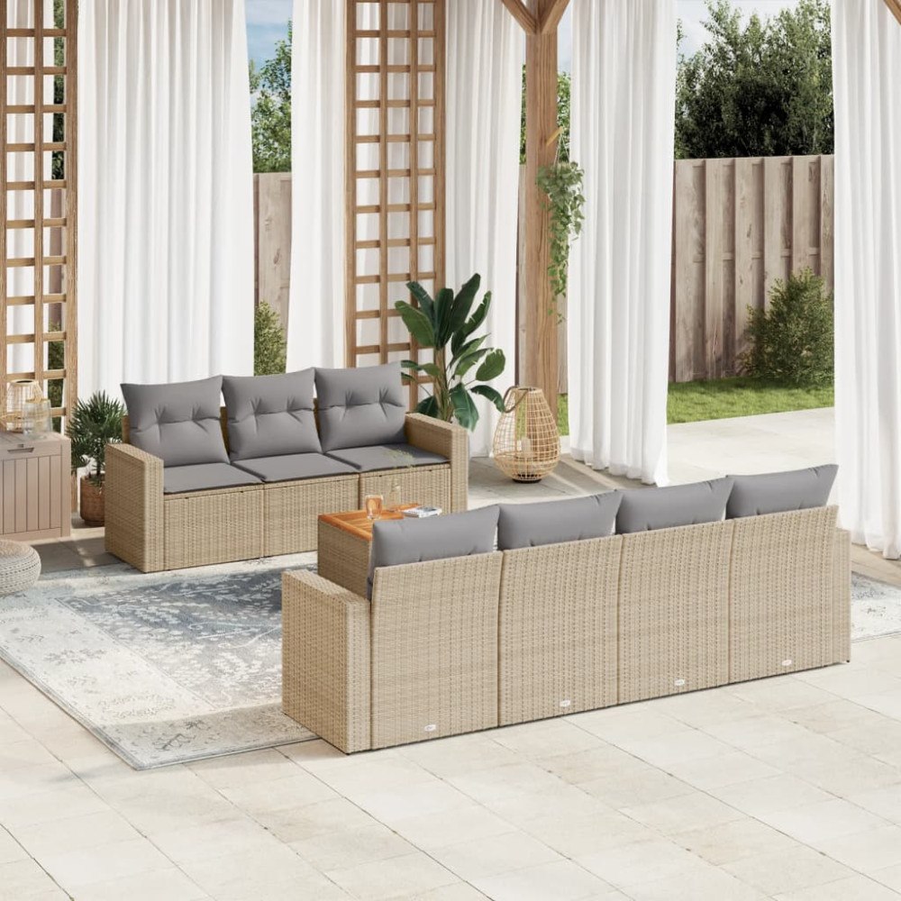vidaXL Matgrupp för trädgården med dynor 8 delar beige konstrotting