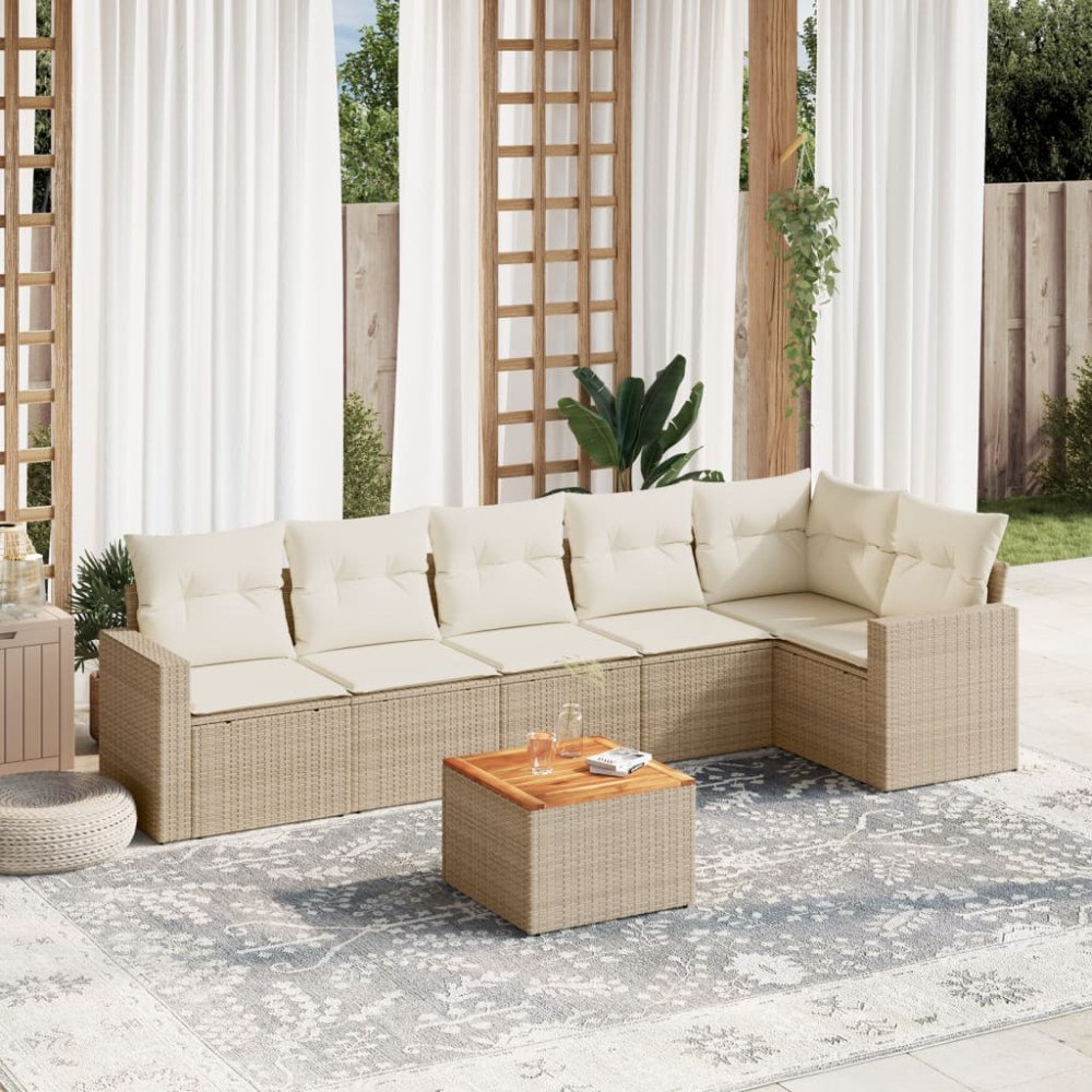 vidaXL Matgrupp för trädgården med dynor 7 delar beige konstrotting