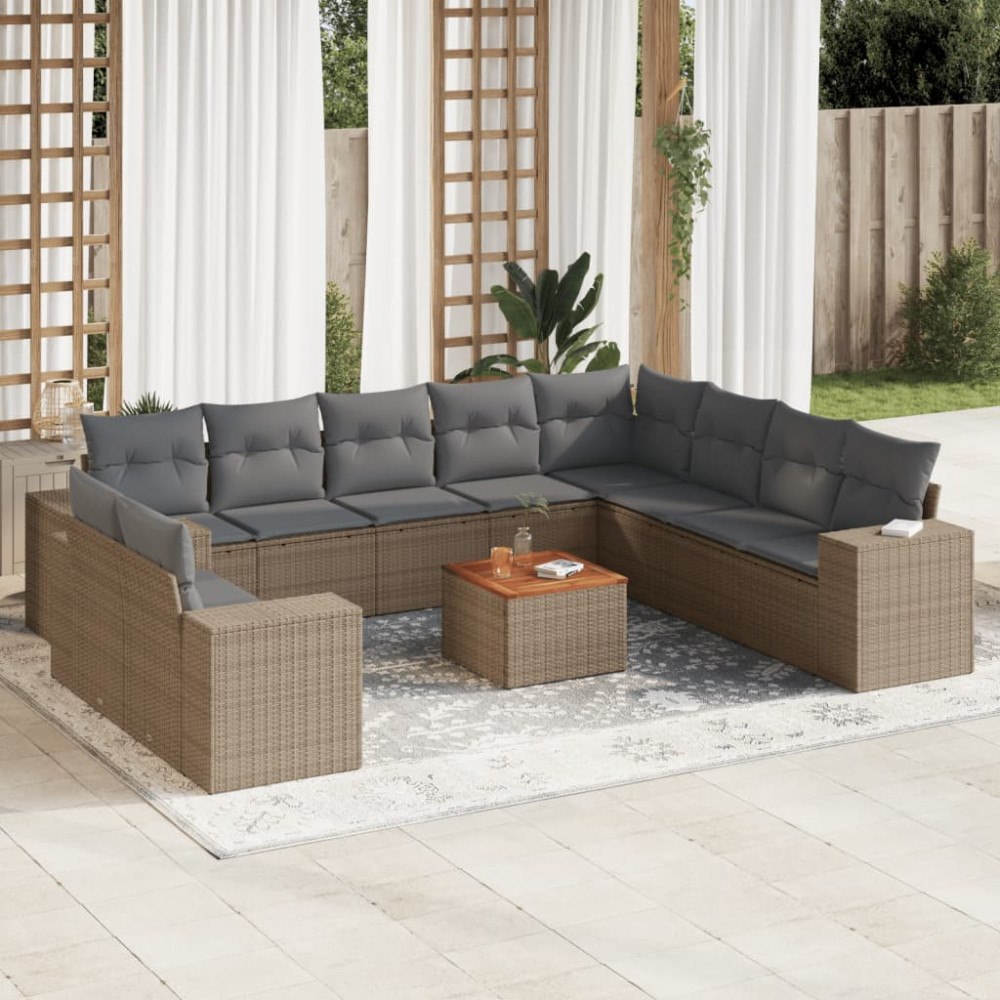 vidaXL Loungegrupp för trädgården m. dynor 11 delar beige konstrotting