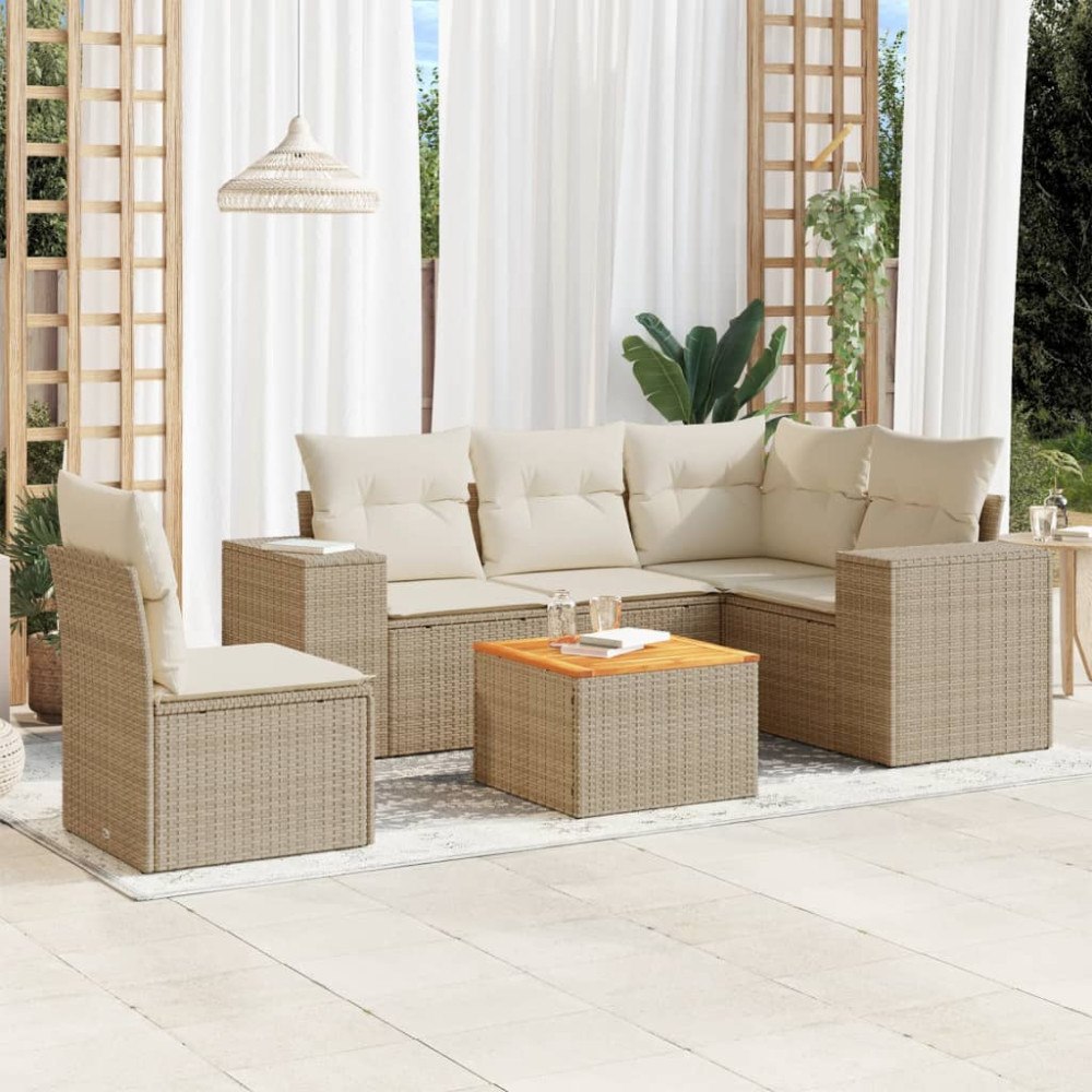 vidaXL Soffgrupp för trädgården med dynor 6 delar beige konstrotting