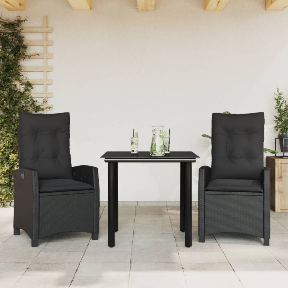 vidaXL Matgrupp för trädgården med dynor 3 delar svart konstrotting