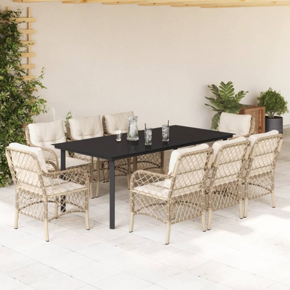 vidaXL Matgrupp för trädgården med dynor 9 delar beige konstrotting