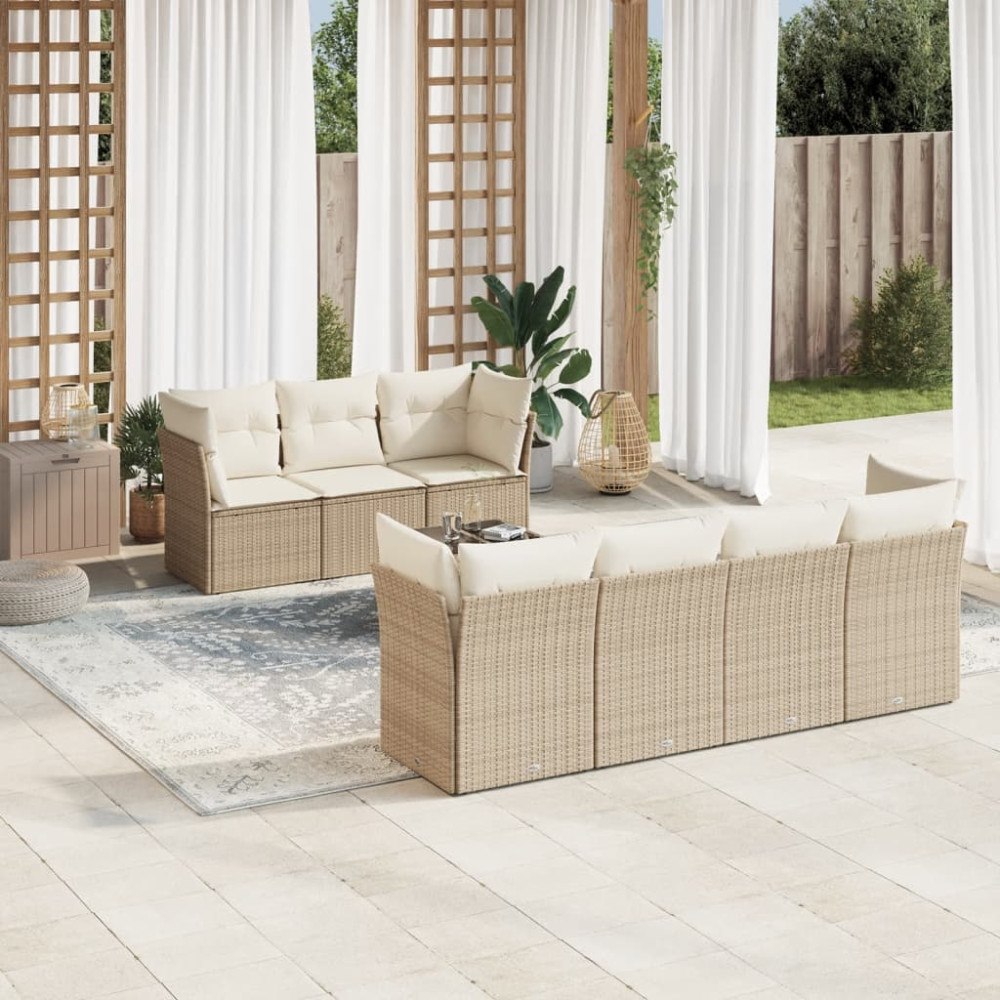 vidaXL Matgrupp för trädgården med dynor 8 delar beige konstrotting