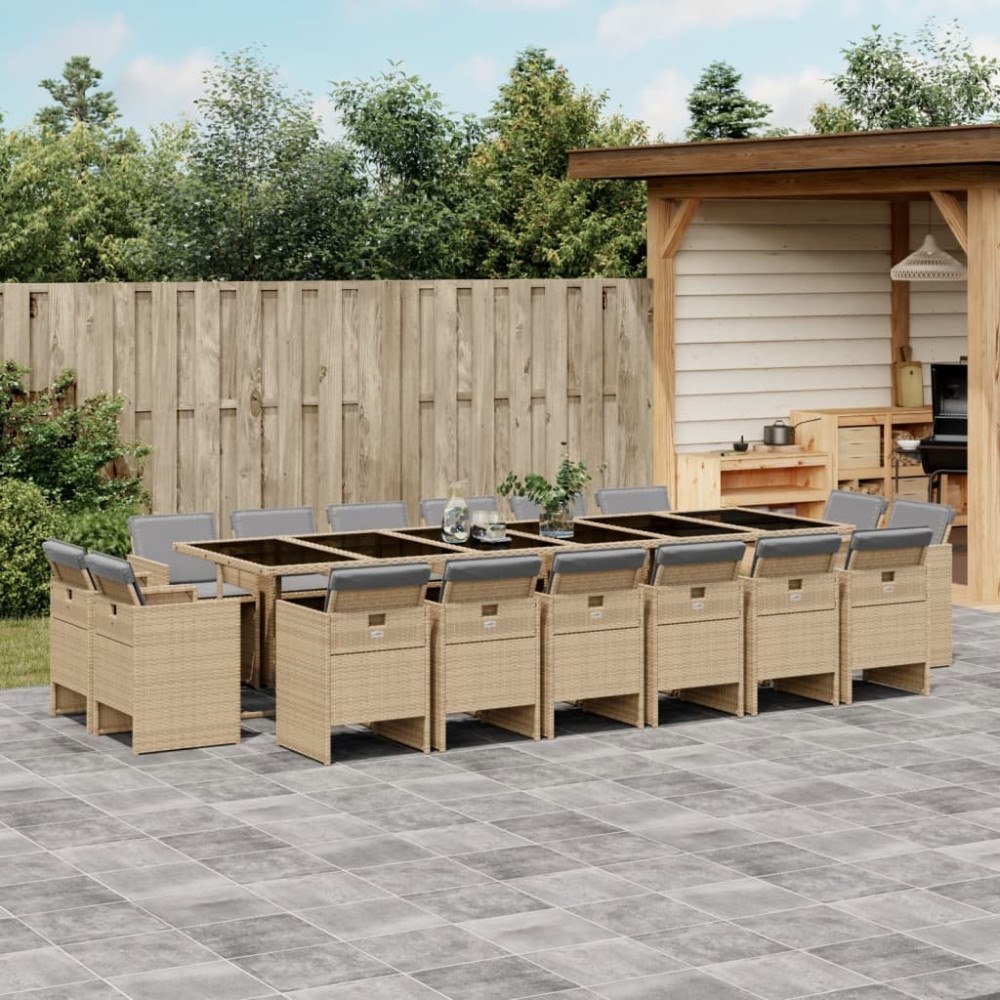 vidaXL Matgrupp för trädgården med dynor 17delar mixbeige konstrotting