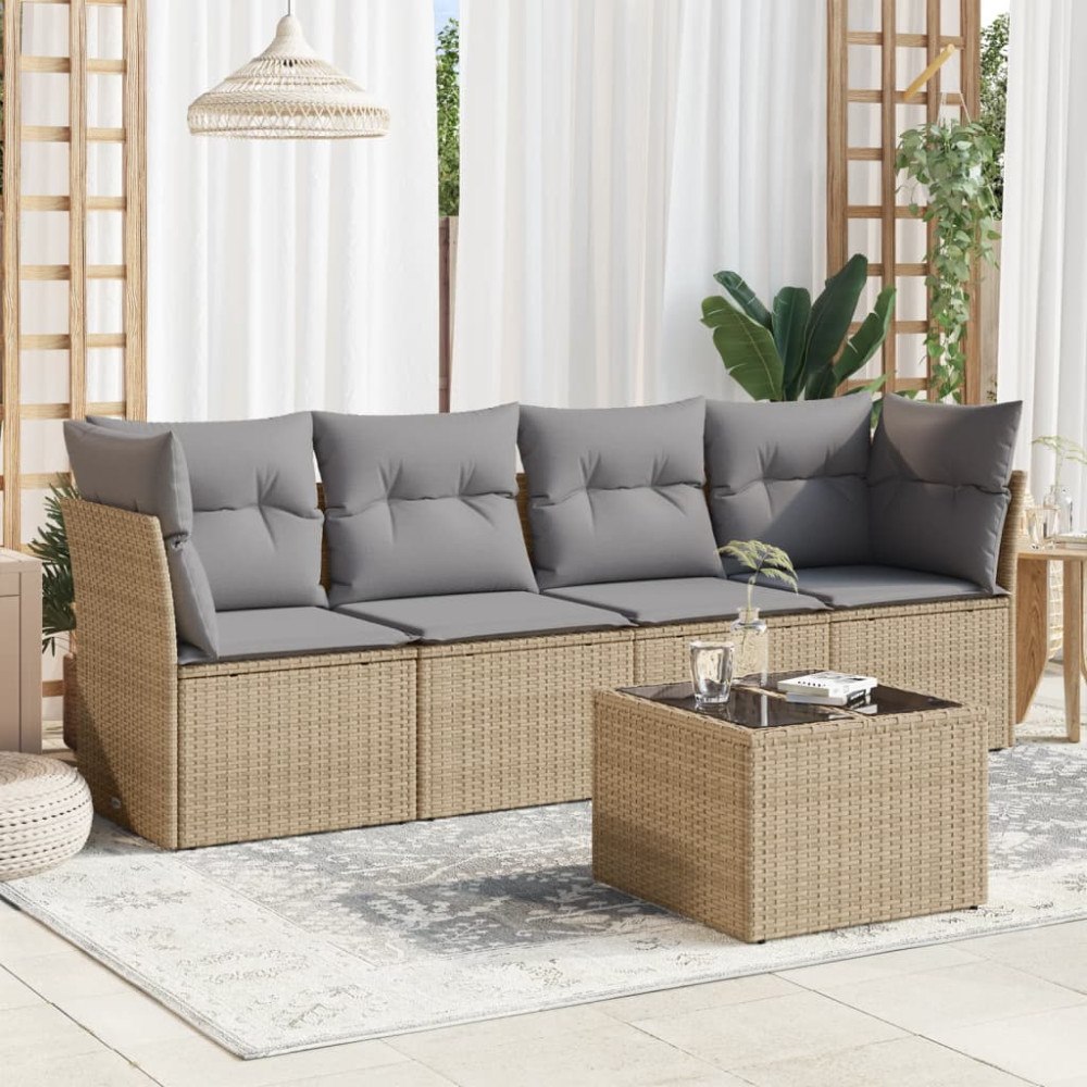 vidaXL Soffgrupp för trädgården med dynor 5 delar beige konstrotting