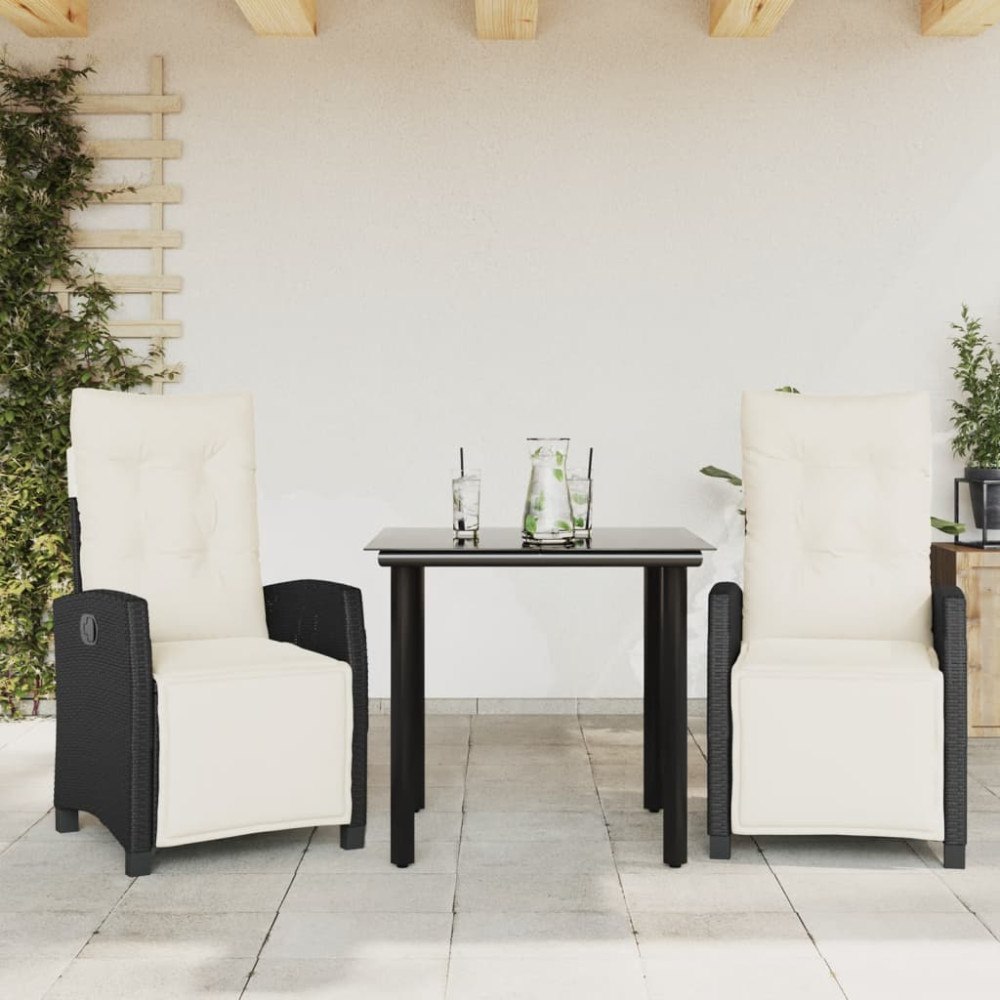 vidaXL Matgrupp för trädgården med dynor 3 delar svart konstrotting