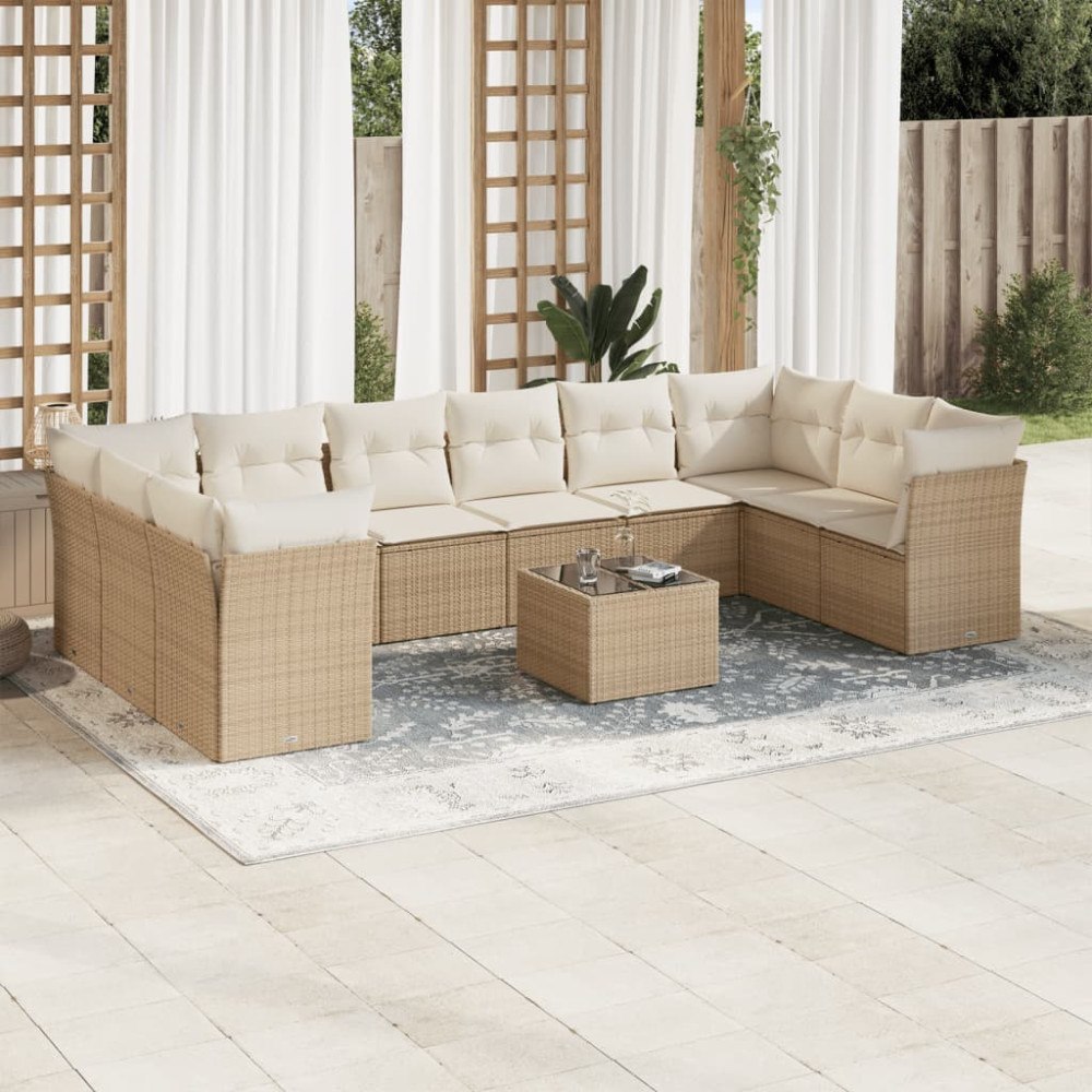 vidaXL Loungegrupp för trädgården m. dynor 11 delar beige konstrotting