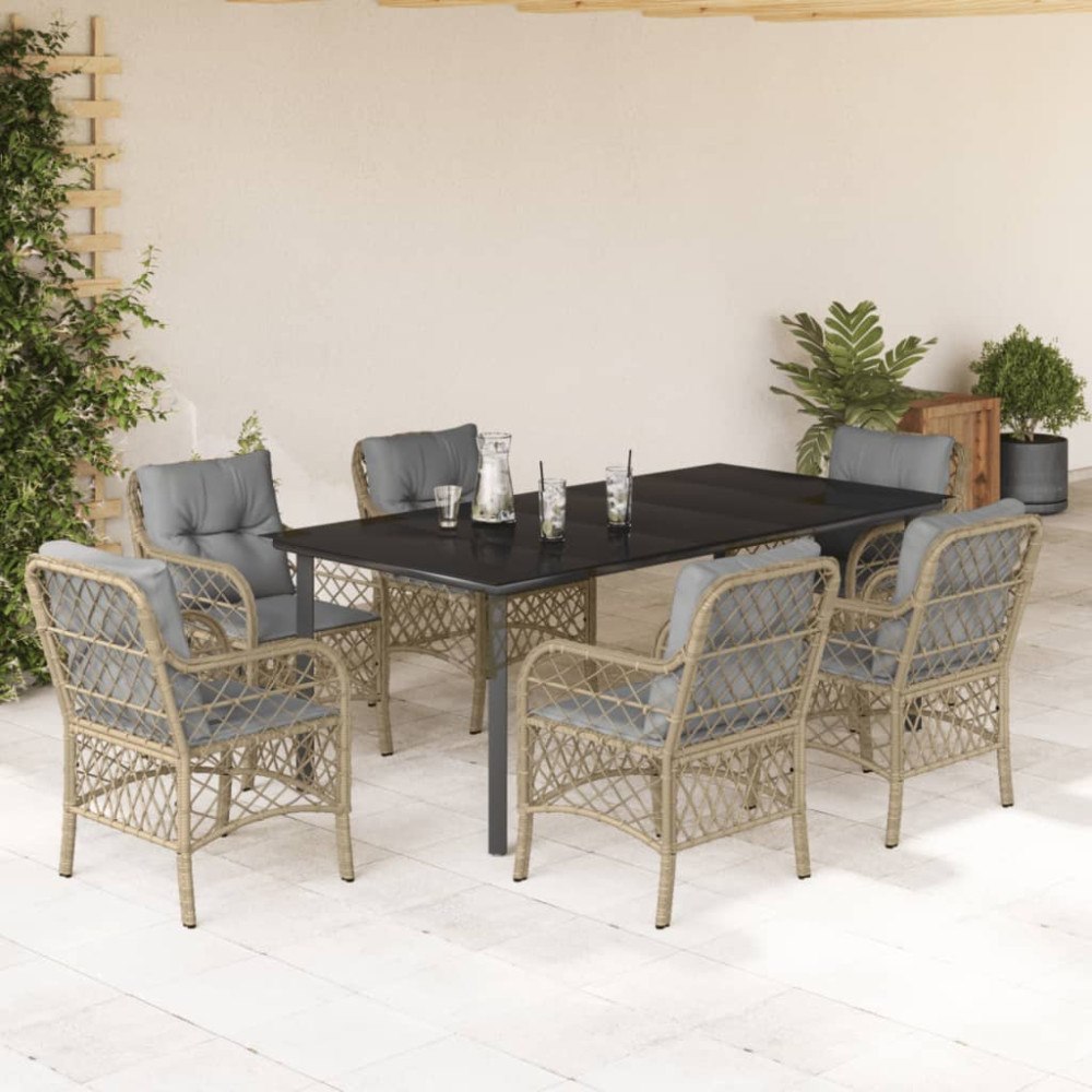 vidaXL Matgrupp för trädgården med dynor 7 delar mixbeige konstrotting