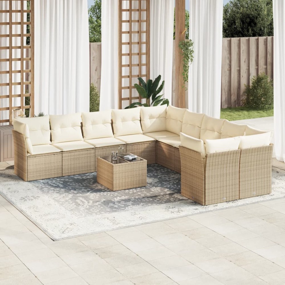 vidaXL Loungegrupp för trädgården m. dynor 11 delar beige konstrotting