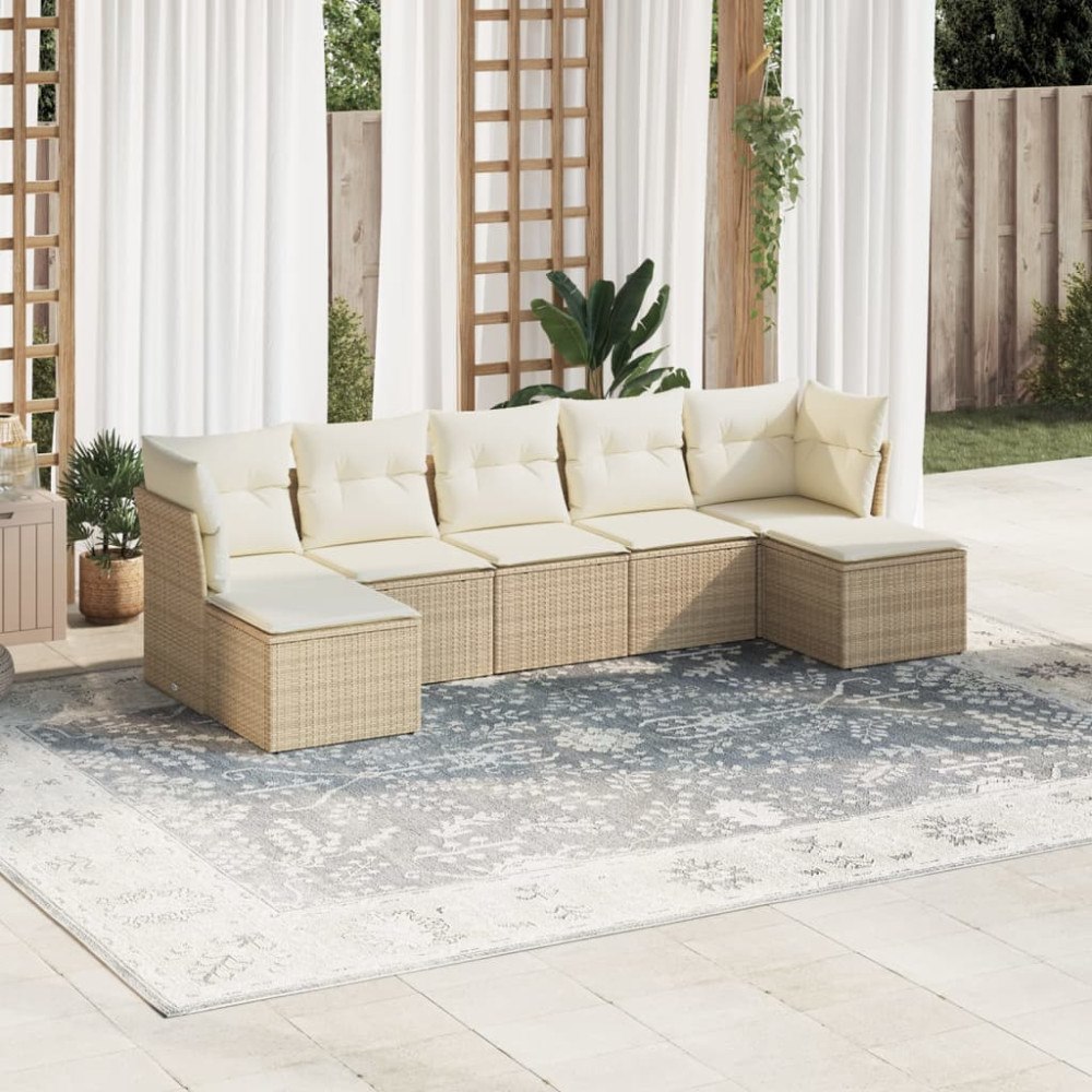 vidaXL Matgrupp för trädgården med dynor 7 delar beige konstrotting