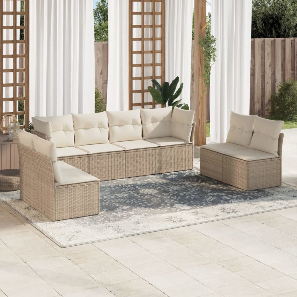 vidaXL Matgrupp för trädgården med dynor 8 delar beige konstrotting