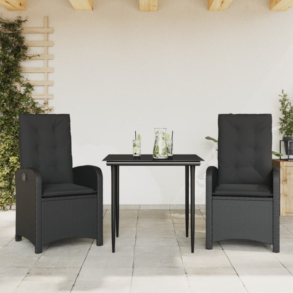 vidaXL Matgrupp för trädgården med dynor 3 delar svart konstrotting