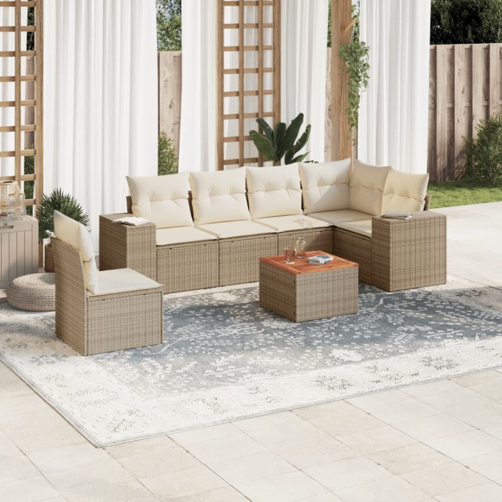 vidaXL Matgrupp för trädgården med dynor 7 delar beige konstrotting