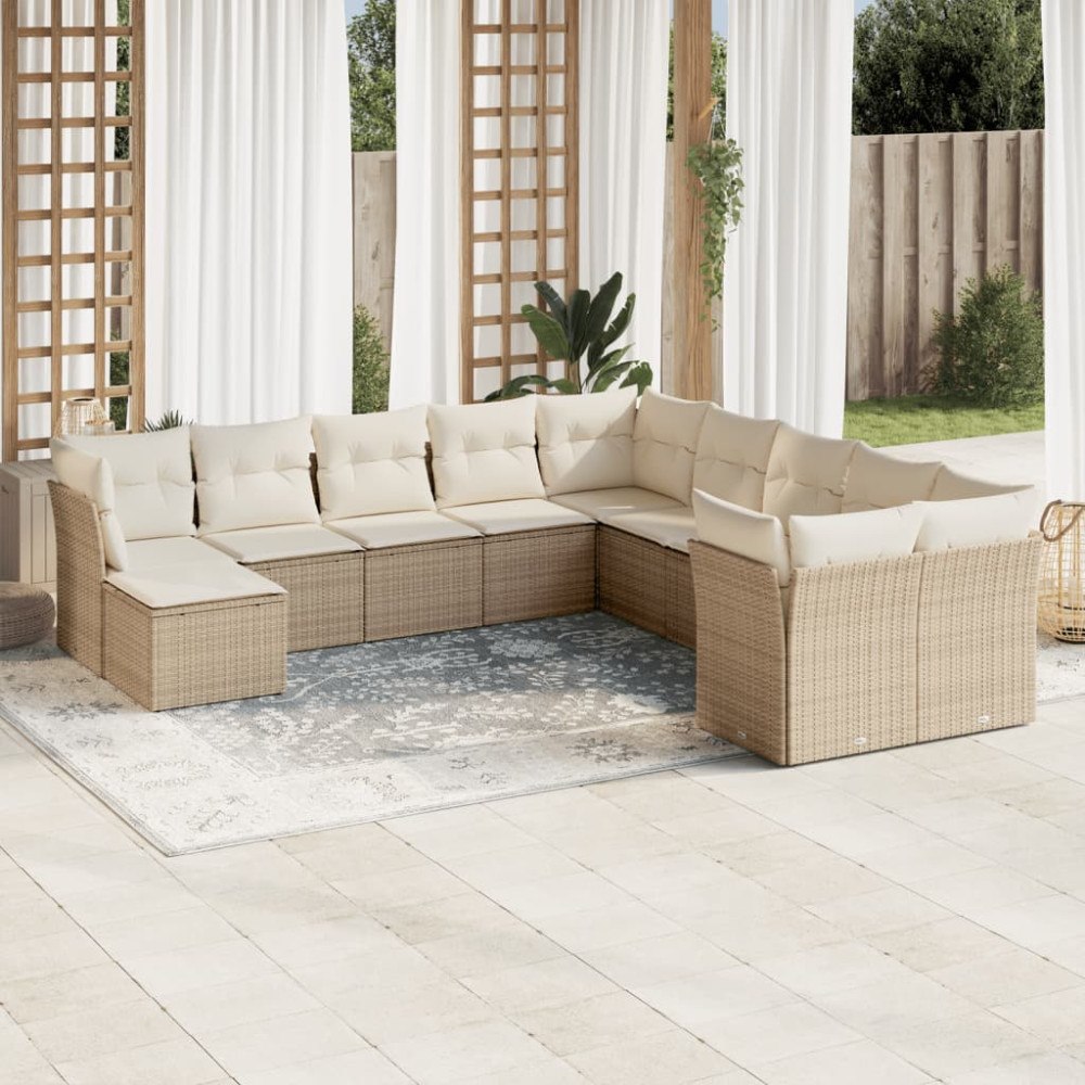 vidaXL Loungegrupp för trädgården m. dynor 11 delar beige konstrotting