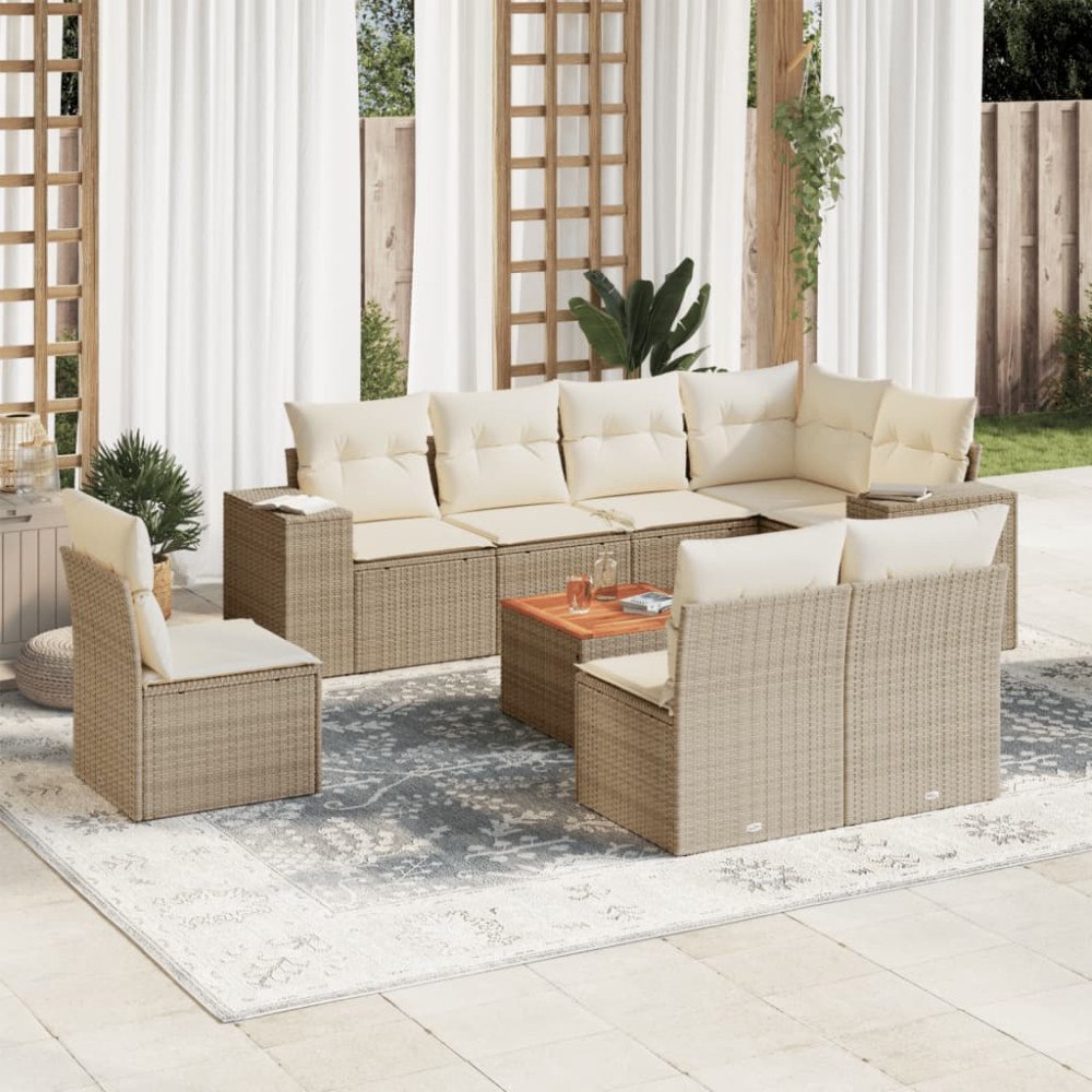 vidaXL Soffgrupp för trädgården med dynor 9 delar beige konstrotting
