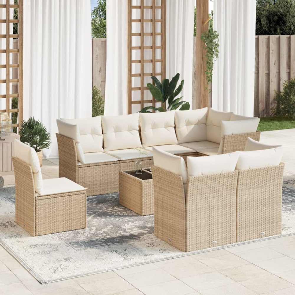 vidaXL Soffgrupp för trädgården med dynor 9 delar beige konstrotting
