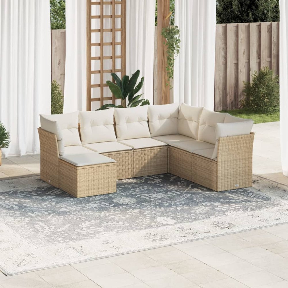 vidaXL Matgrupp för trädgården med dynor 7 delar beige konstrotting