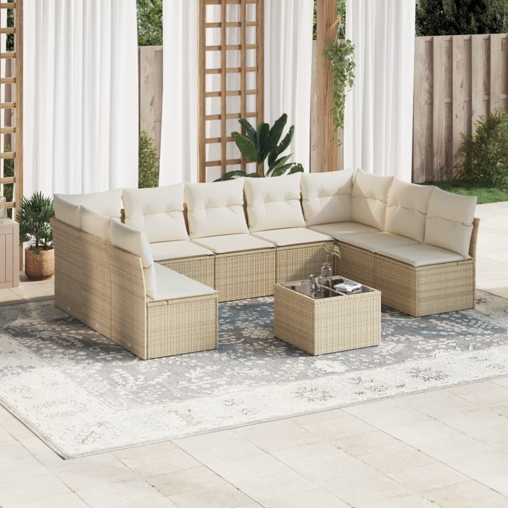 vidaXL Soffgrupp för trädgård med dynor 10 delar beige konstrotting