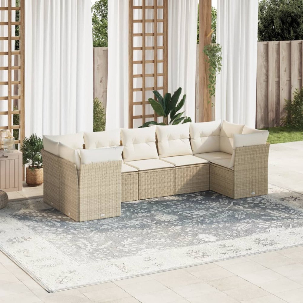vidaXL Matgrupp för trädgården med dynor 7 delar beige konstrotting