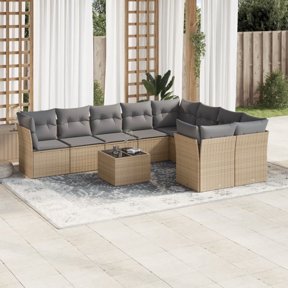vidaXL Soffgrupp för trädgård med dynor 10 delar beige konstrotting