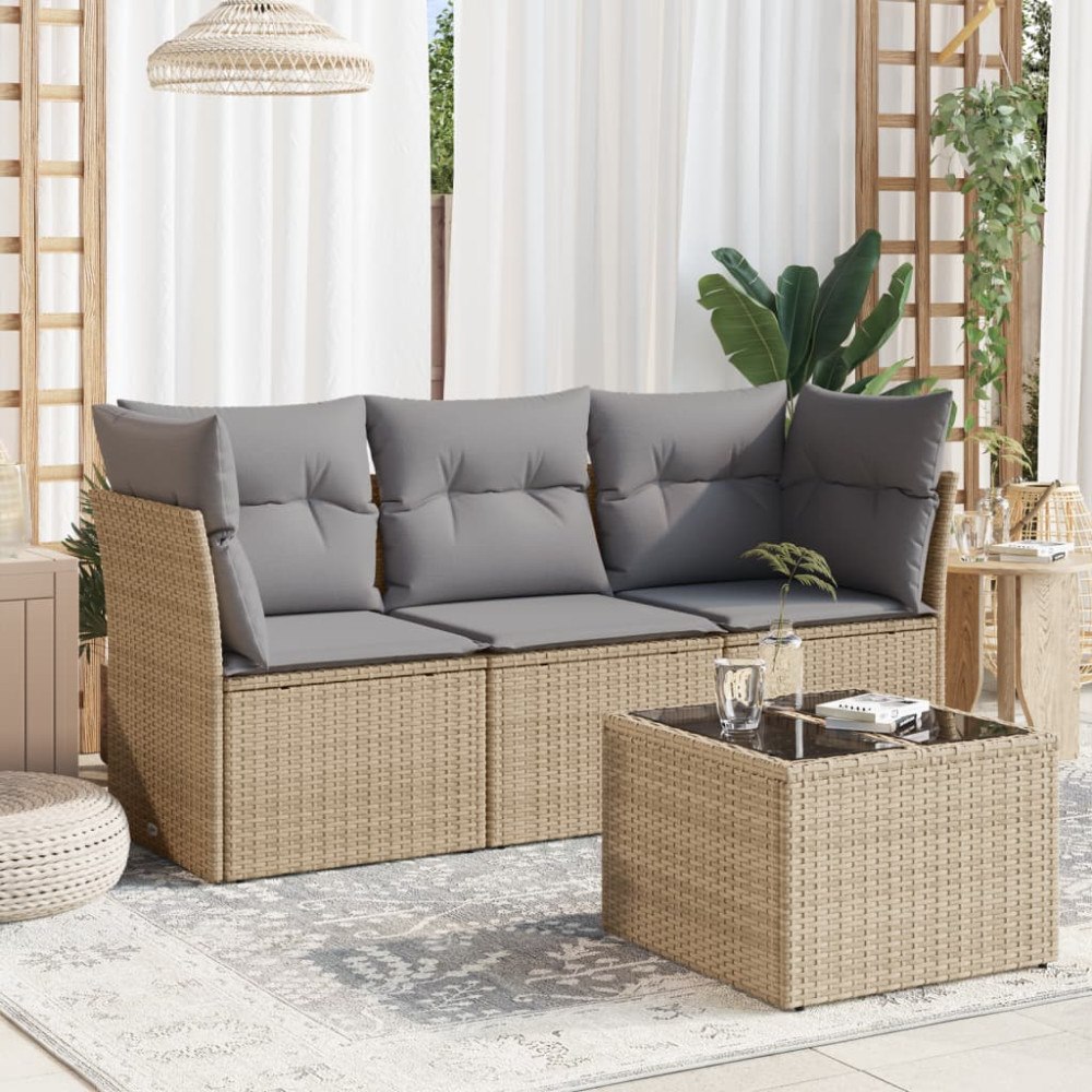 vidaXL Soffgrupp för trädgård med dynor 4 delar beige konstrotting