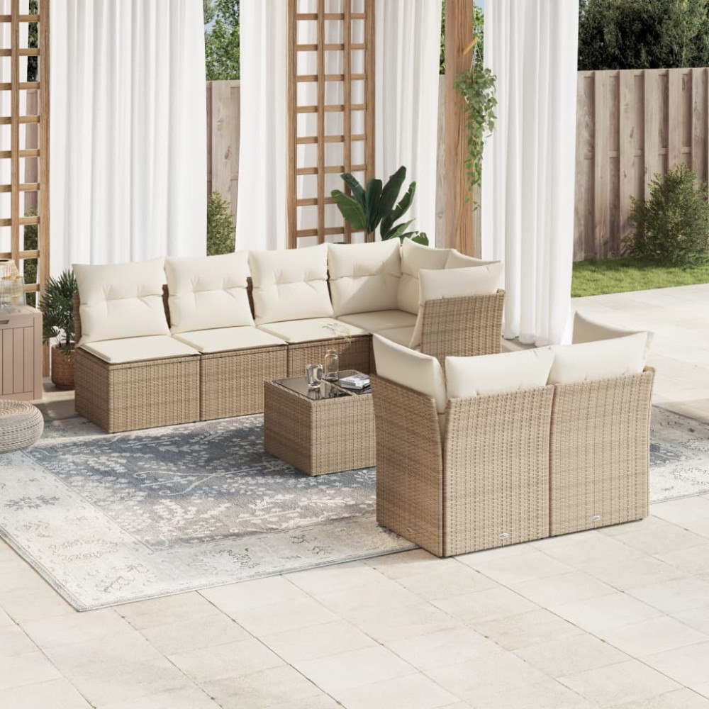 vidaXL Matgrupp för trädgården med dynor 8 delar beige konstrotting