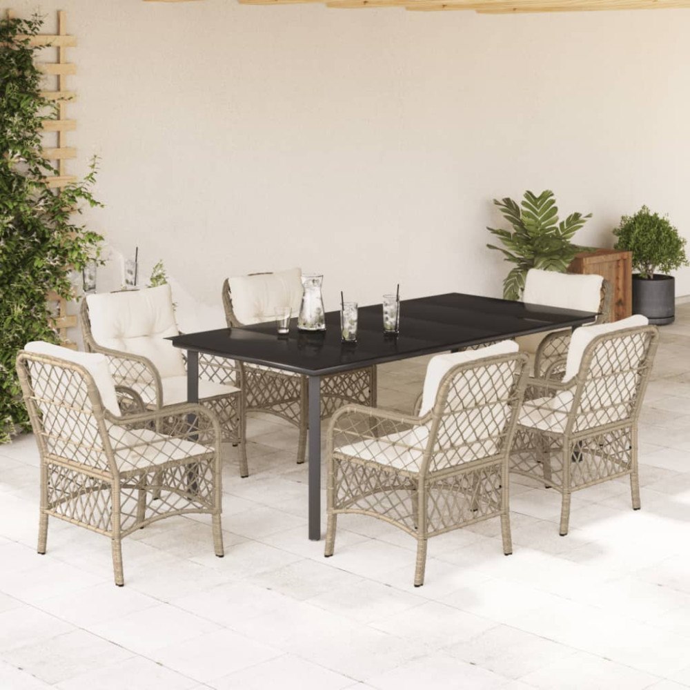 vidaXL Matgrupp för trädgården med dynor 7 delar beige konstrotting