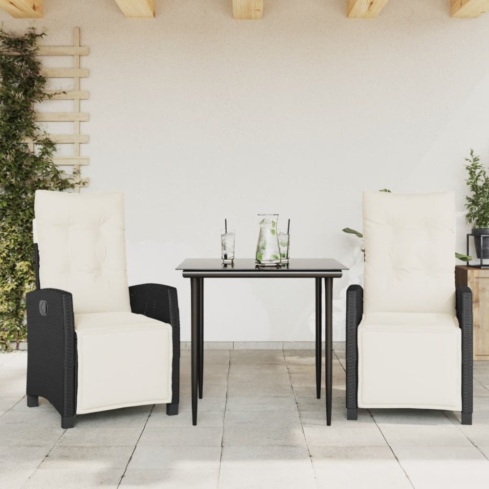 vidaXL Matgrupp för trädgården med dynor 3 delar svart konstrotting
