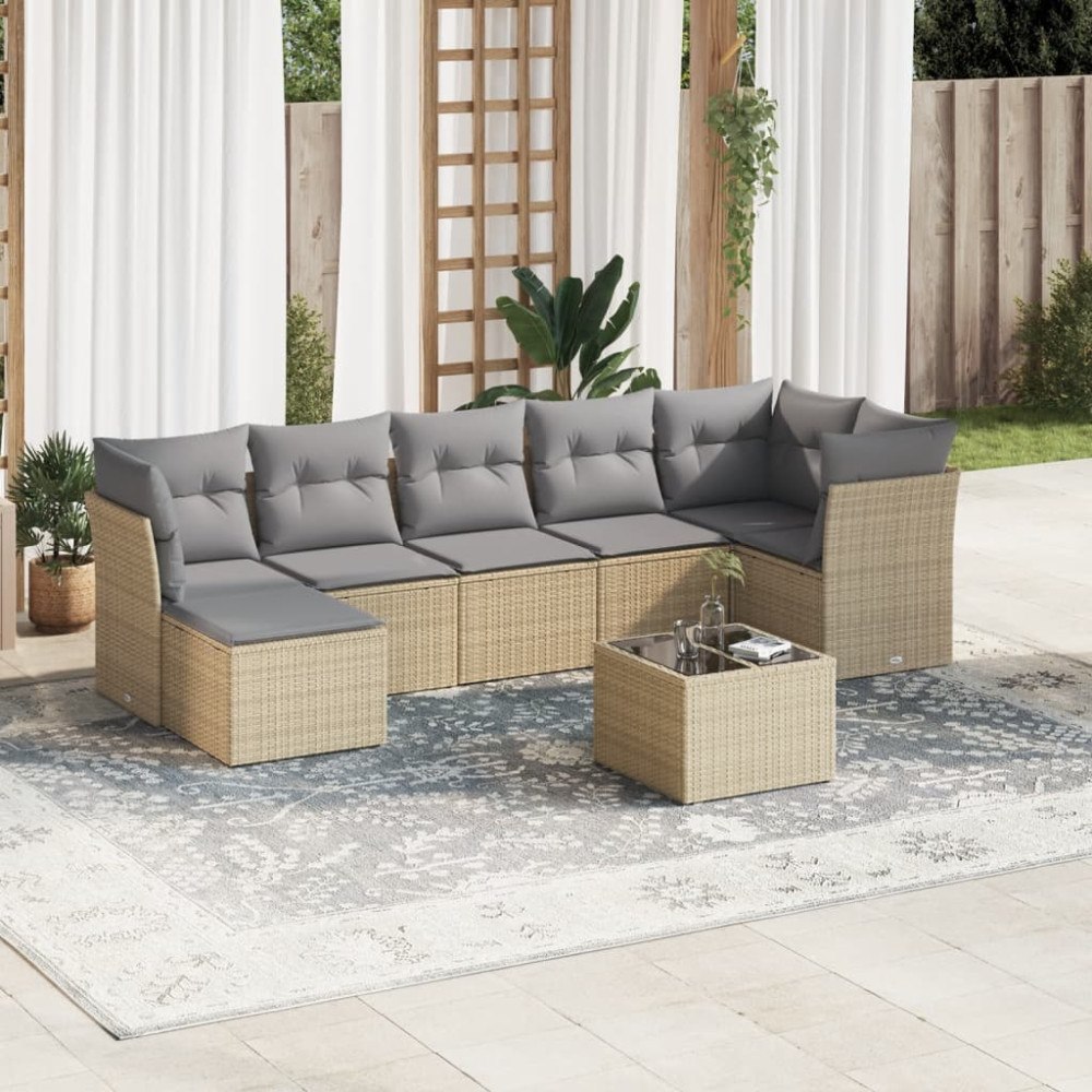 vidaXL Matgrupp för trädgården med dynor 8 delar beige konstrotting