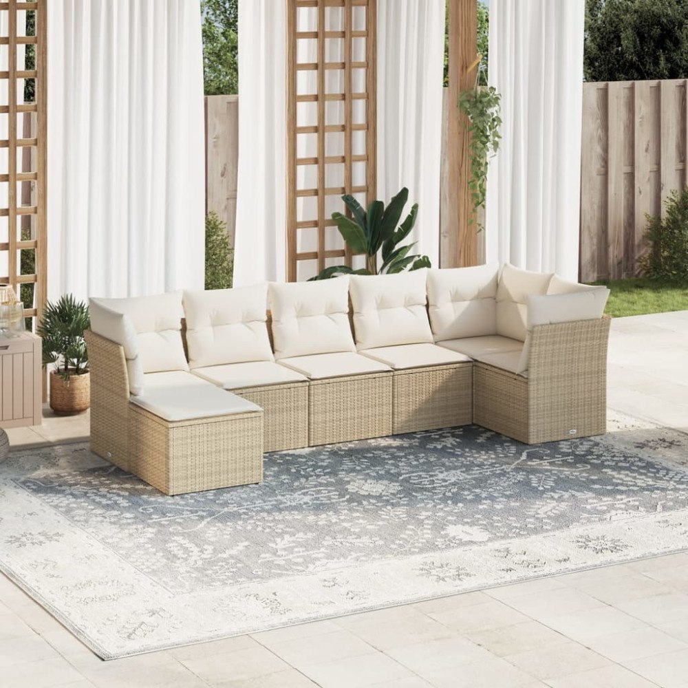 vidaXL Matgrupp för trädgården med dynor 7 delar beige konstrotting