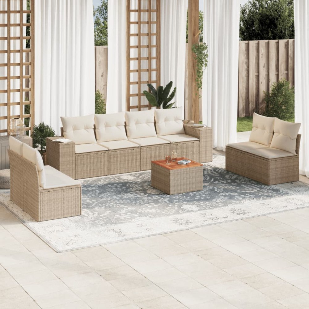 vidaXL Soffgrupp för trädgården med dynor 9 delar beige konstrotting