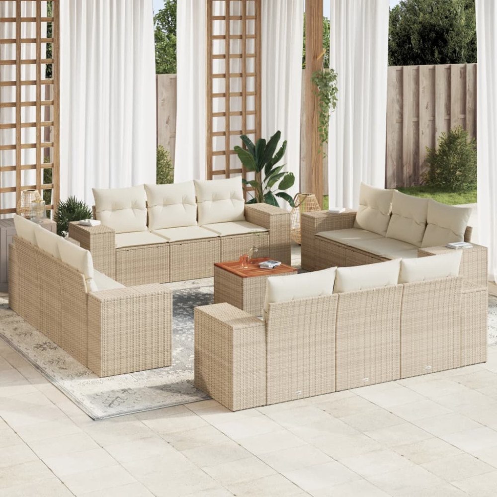 vidaXL Soffgrupp för trädgården med dynor 13 delar beige konstrotting