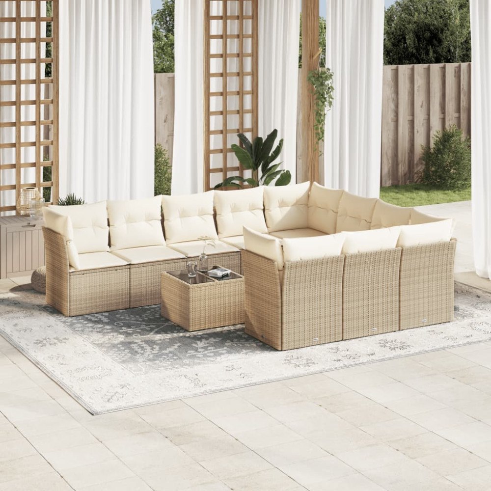 vidaXL Loungegrupp för trädgården m. dynor 11 delar beige konstrotting