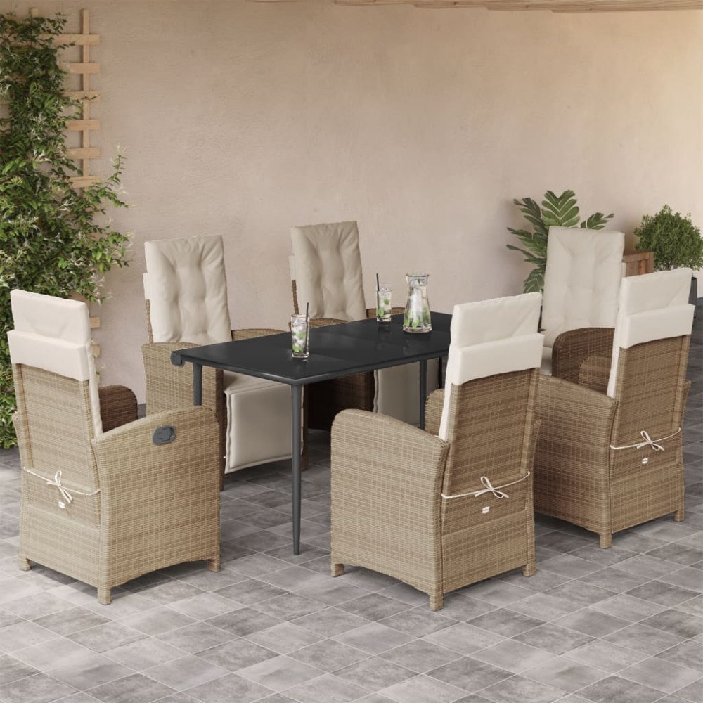 vidaXL Matgrupp för trädgården med dynor 7 delar beige konstrotting