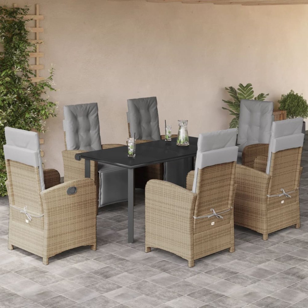 vidaXL Matgrupp för trädgården med dynor 7 delar beige konstrotting