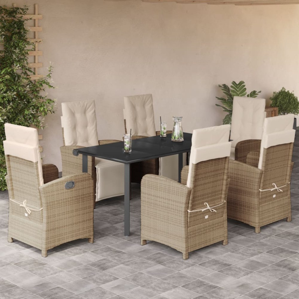 vidaXL Matgrupp för trädgården med dynor 7 delar beige konstrotting