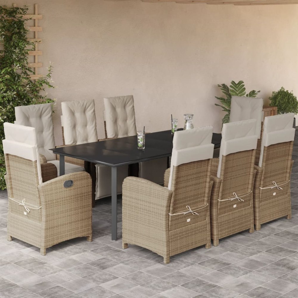 vidaXL Matgrupp för trädgården med dynor 9 delar beige konstrotting