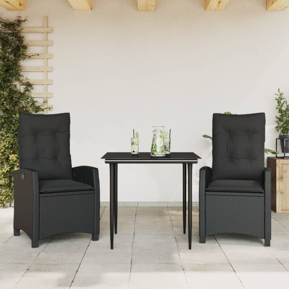 vidaXL Matgrupp för trädgården med dynor 3 delar svart konstrotting