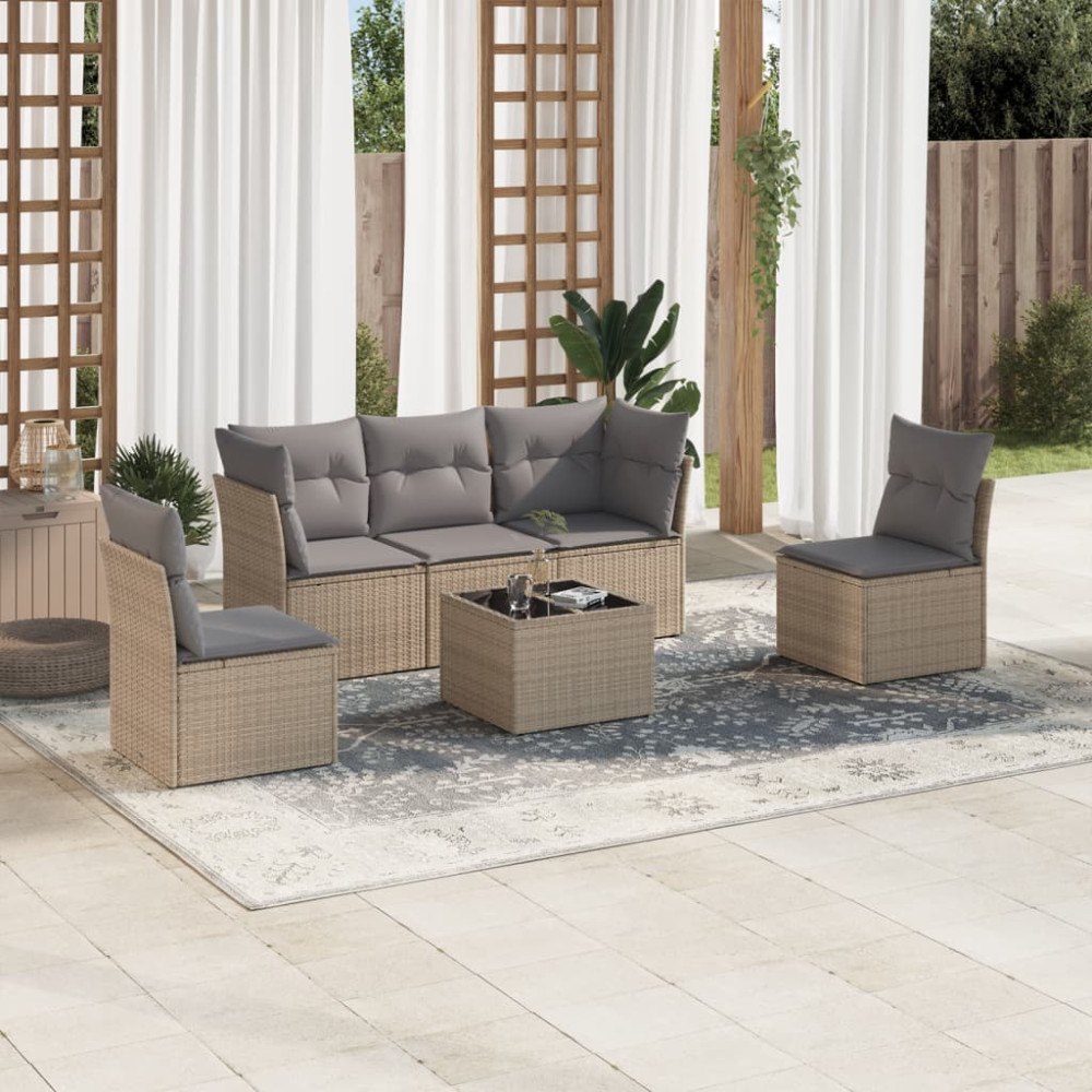 vidaXL Soffgrupp för trädgården med dynor 6 delar beige konstrotting
