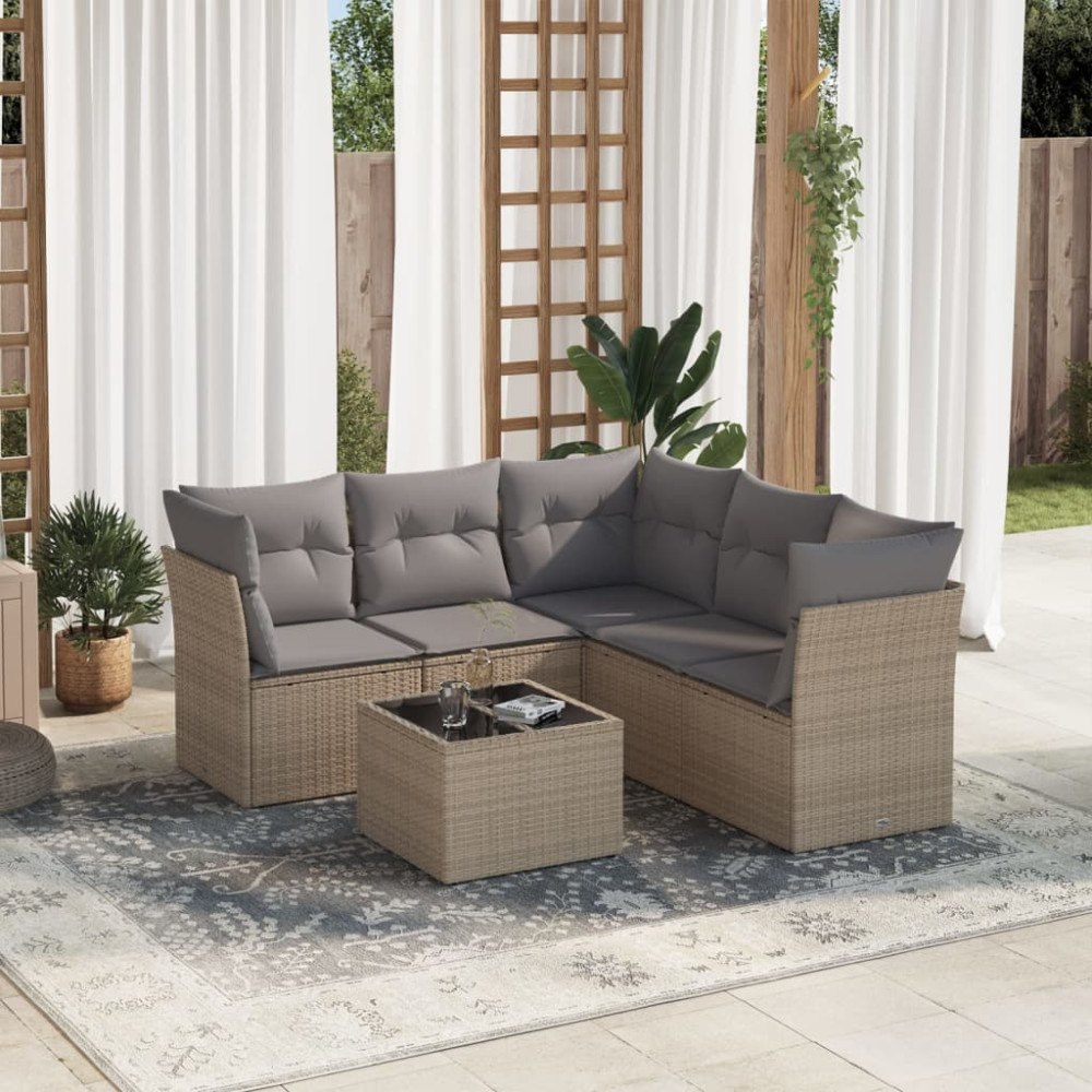 vidaXL Soffgrupp för trädgården med dynor 6 delar beige konstrotting