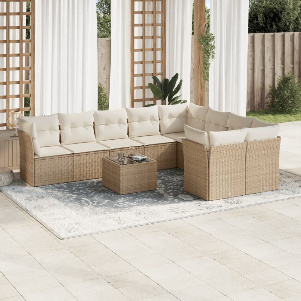 vidaXL Soffgrupp för trädgård med dynor 10 delar beige konstrotting