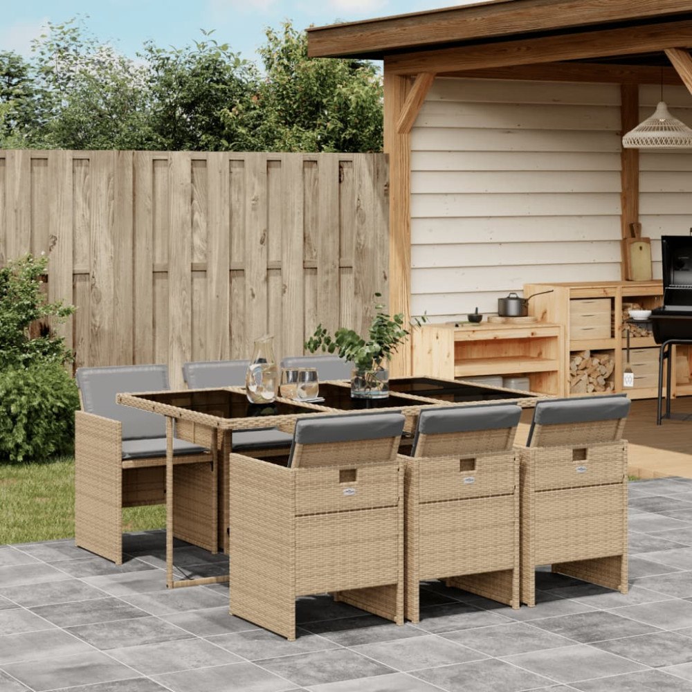 vidaXL Matgrupp för trädgården med dynor 7 delar mixbeige konstrotting