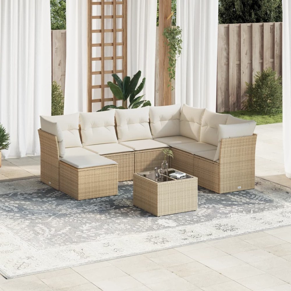 vidaXL Matgrupp för trädgården med dynor 8 delar beige konstrotting