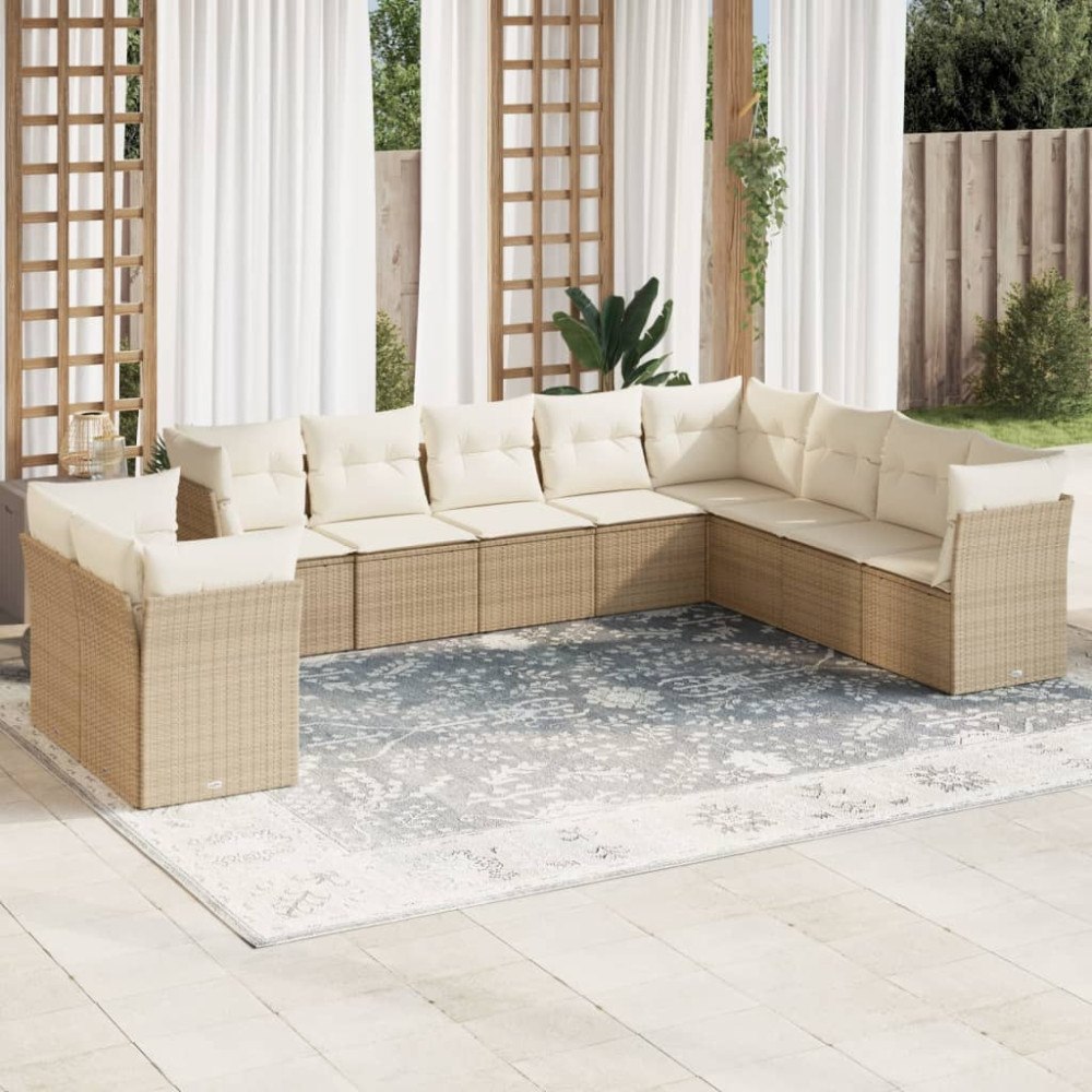 vidaXL Soffgrupp för trädgård med dynor 10 delar beige konstrotting