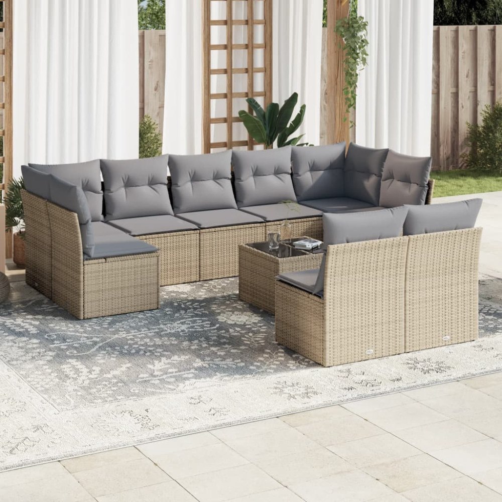 vidaXL Soffgrupp för trädgård med dynor 10 delar beige konstrotting