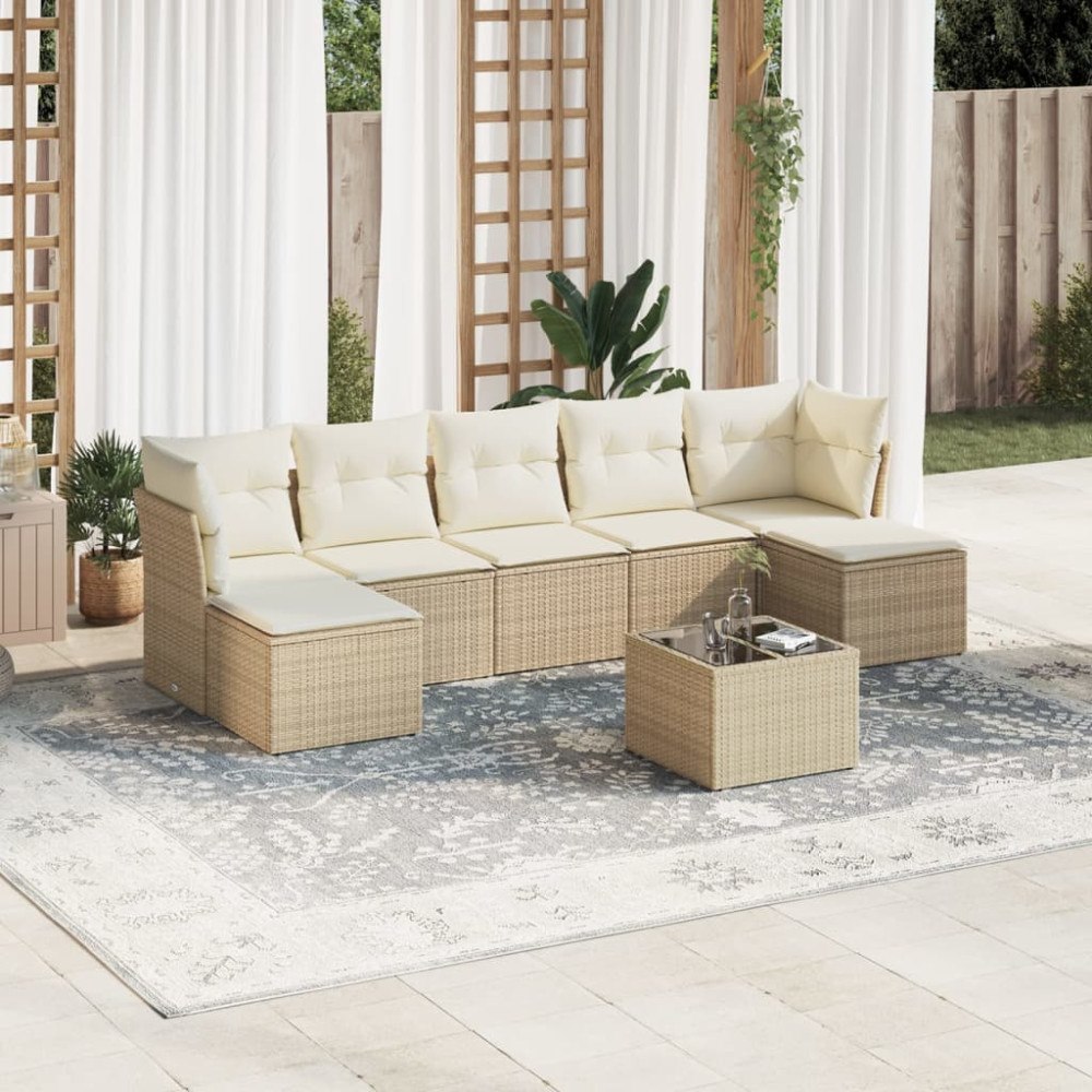 vidaXL Matgrupp för trädgården med dynor 8 delar beige konstrotting