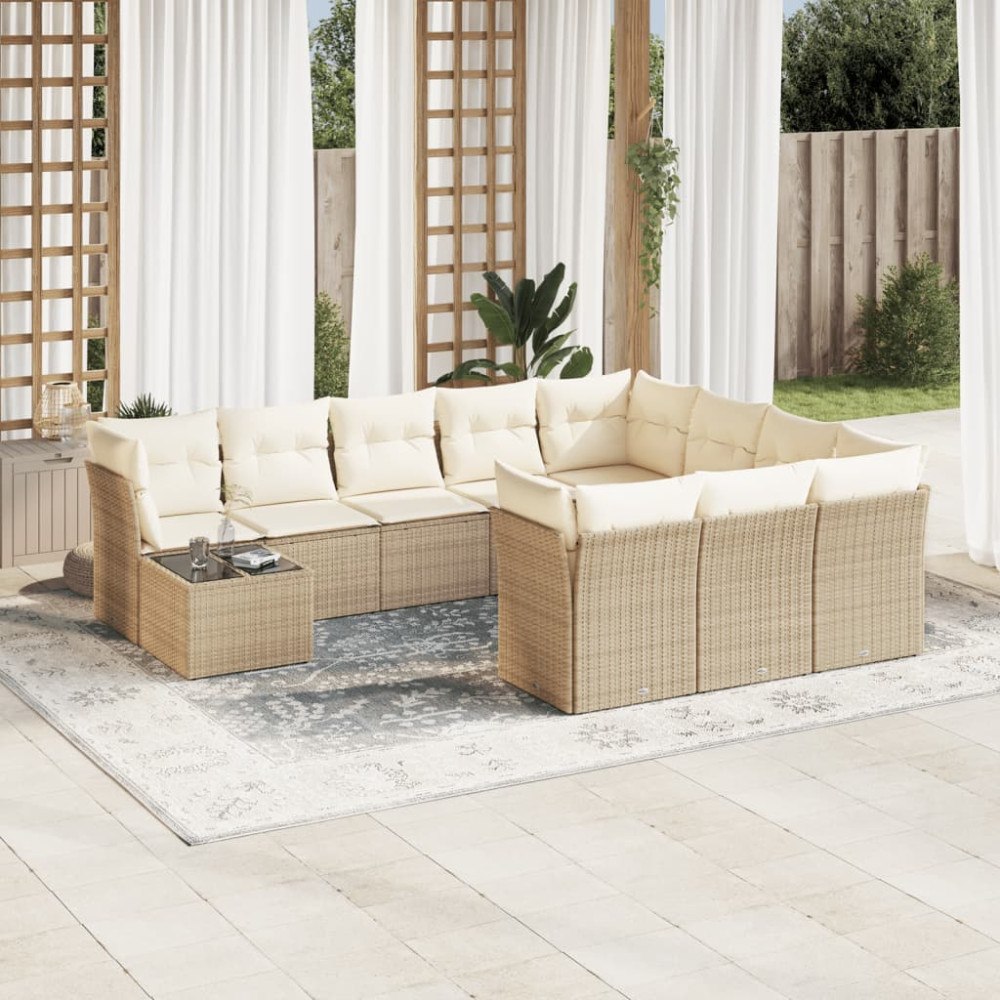 vidaXL Loungegrupp för trädgården m. dynor 11 delar beige konstrotting